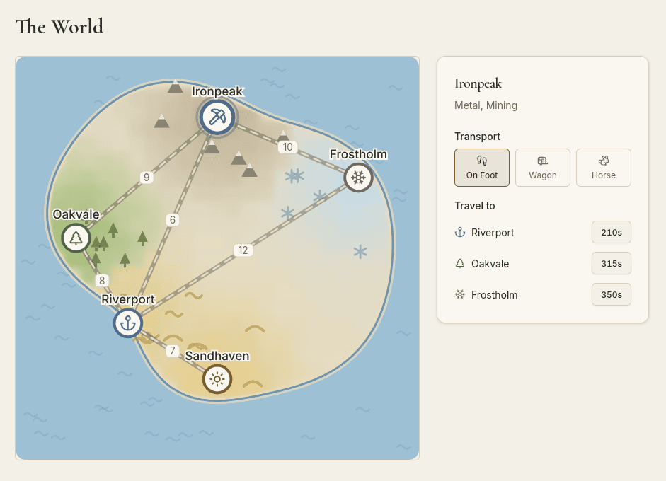 The Adenor world map: cities linked by roads, with a caravan traveling between markets
